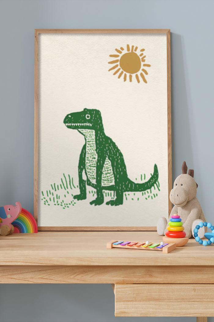 Children's room decoration with a playful dinosaur and sun illustration poster