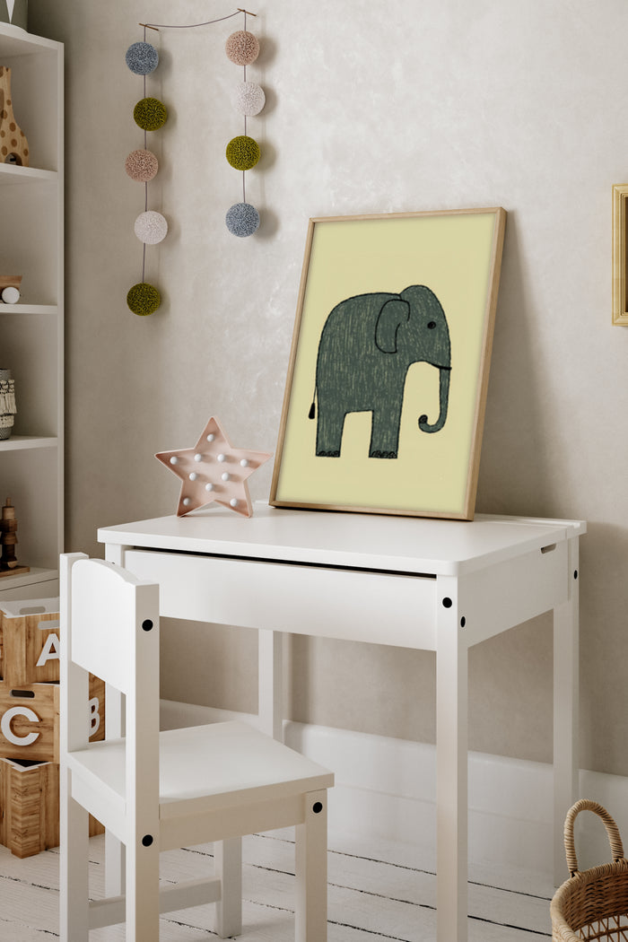 Stylish elephant poster as children's room decor on white desk