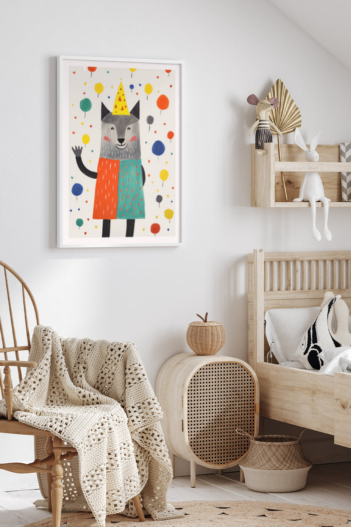 Animal illustration poster for children's room decoration featuring a smiling wolf in party hat