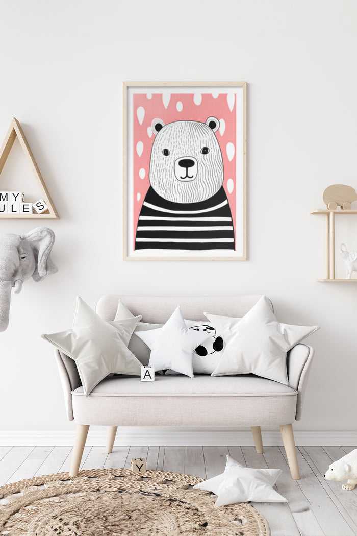 Nursery room wall decorated with a pink poster featuring a cute polar bear illustration