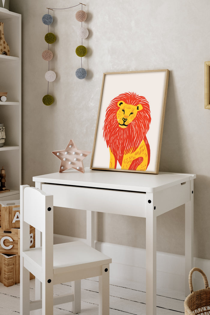 Colorful lion illustration poster in children's room decor