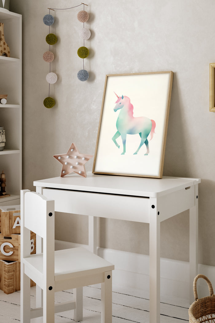 Pastel-colored unicorn poster in a children's bedroom setting