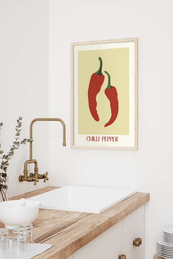 Minimalist chili pepper kitchen artwork poster in a modern interior setting