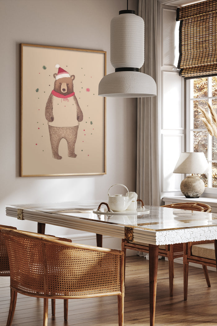Christmas bear with Santa hat artwork poster hanging in contemporary dining room interior