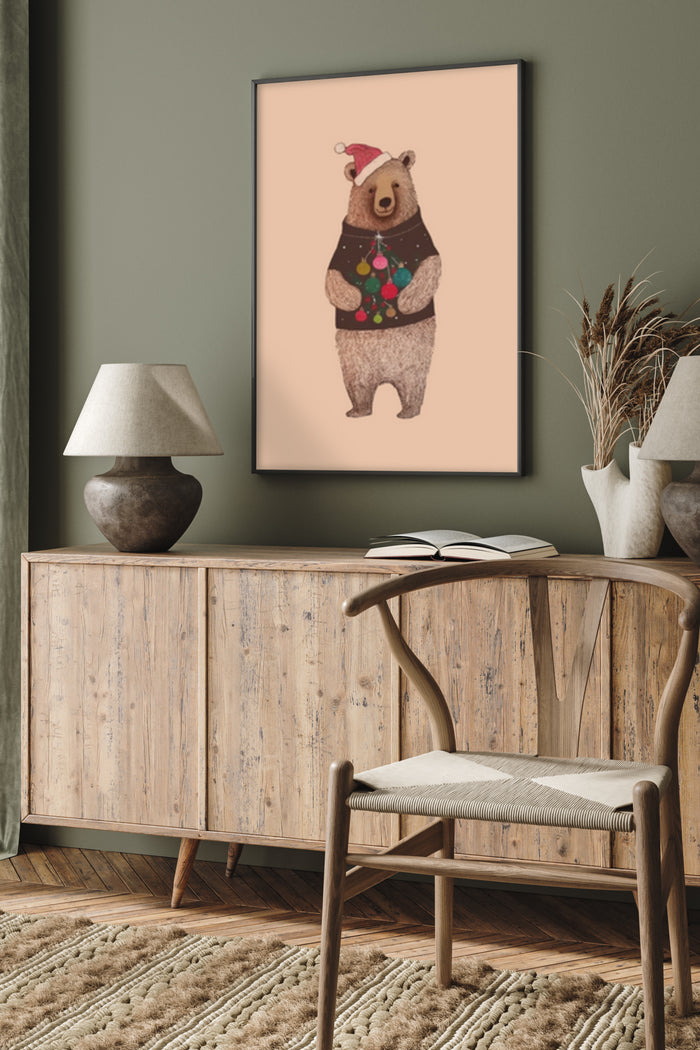 Christmas festive bear with Santa hat and ornament sweater poster displayed in a stylish living room