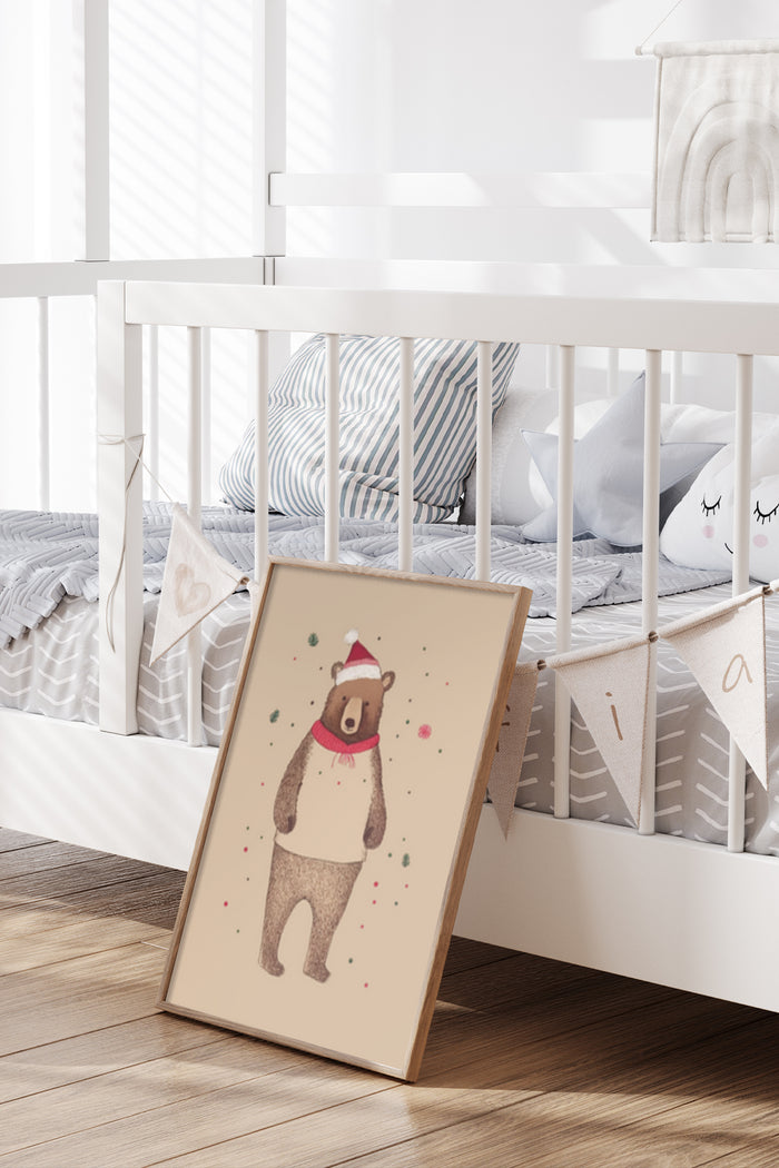 Festive Christmas bear illustration in children's room setting