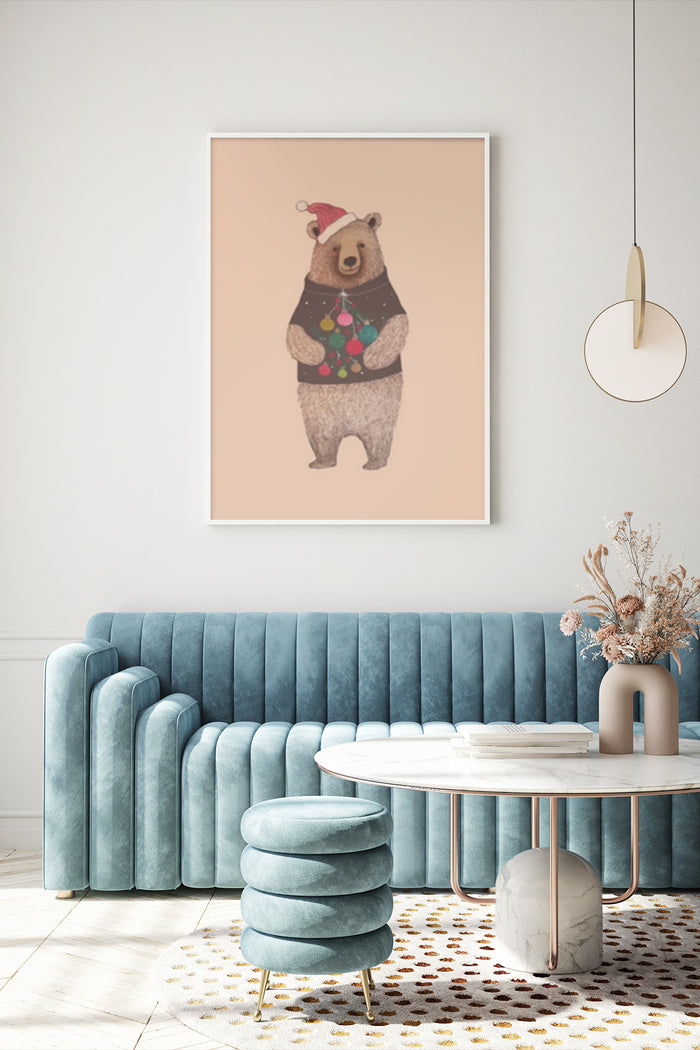 Christmas bear with Santa hat and festive sweater wall art poster in modern living room decor
