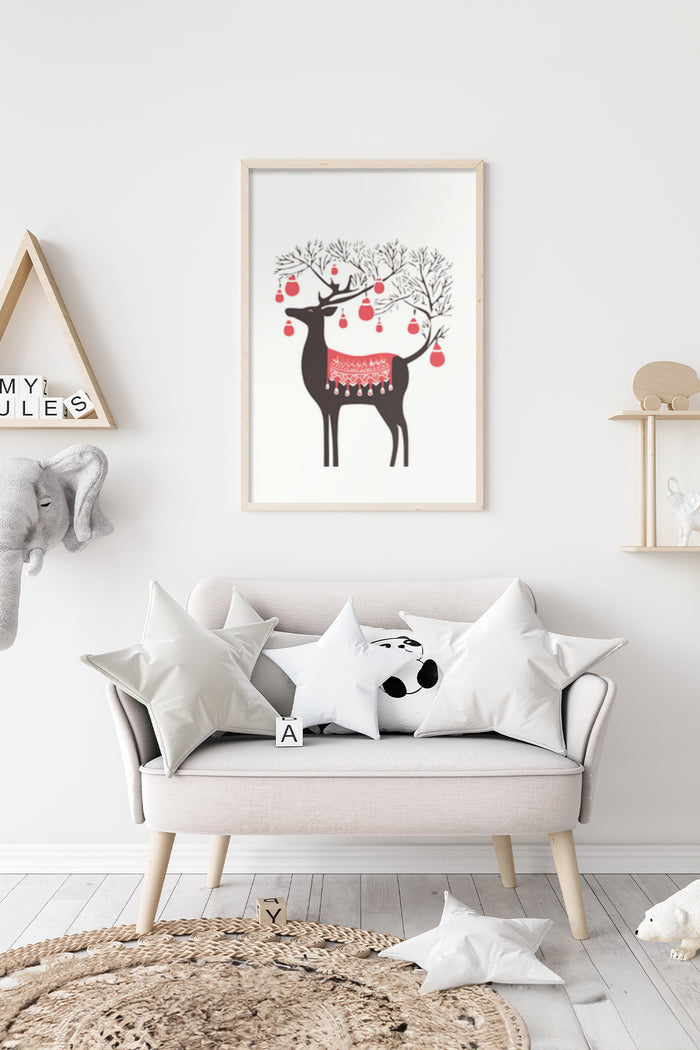 Minimalist Christmas deer art print with festive ornaments hanging from antlers