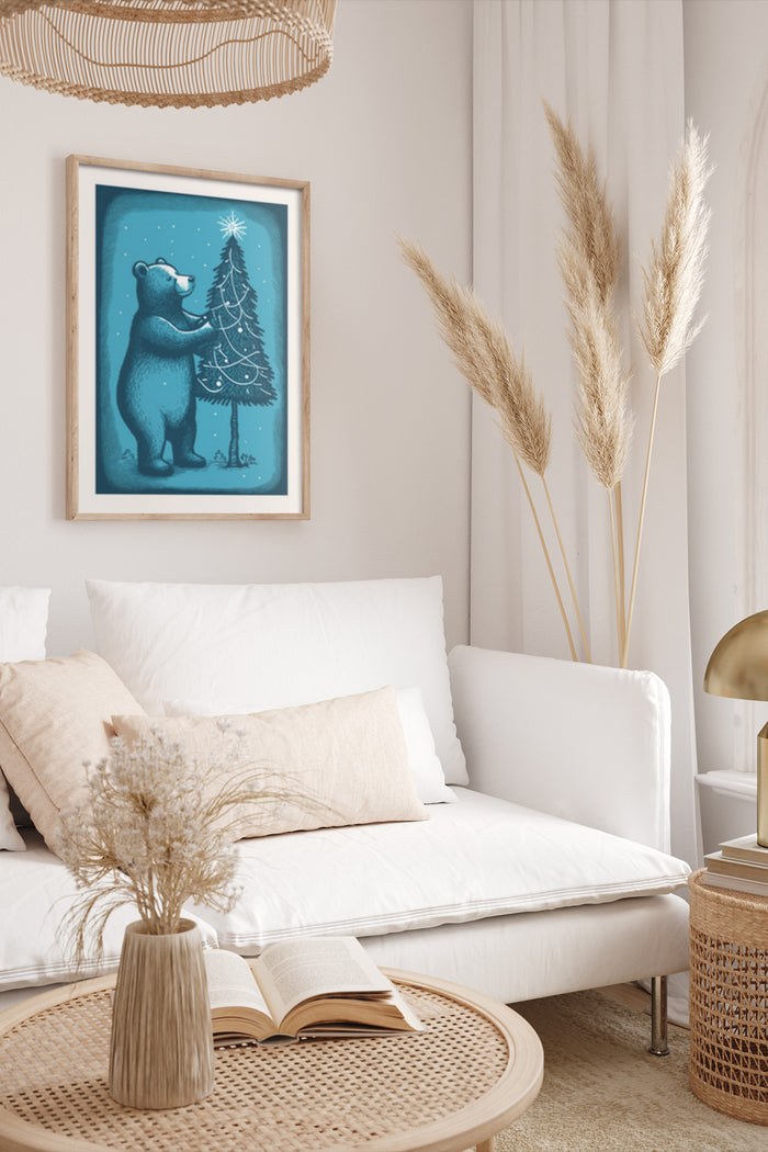 Christmas Illustration of a Bear Decorating a Christmas Tree Artwork Poster in a Cozy Living Room Setting