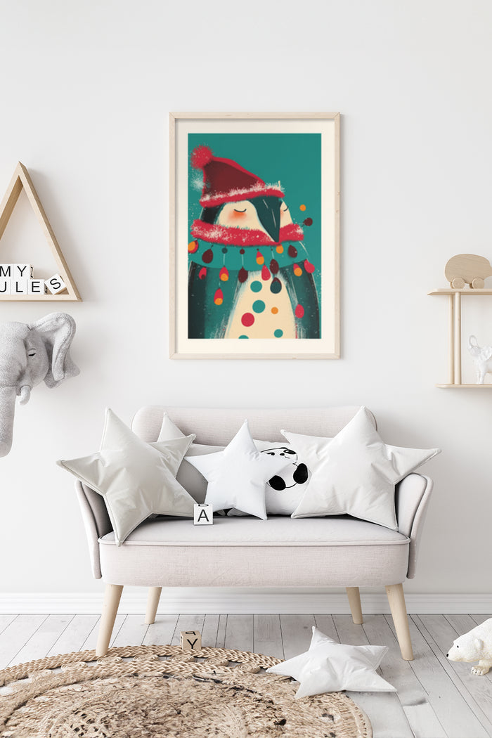 Festive Christmas penguin poster with red hat and colorful garland in stylish home interior