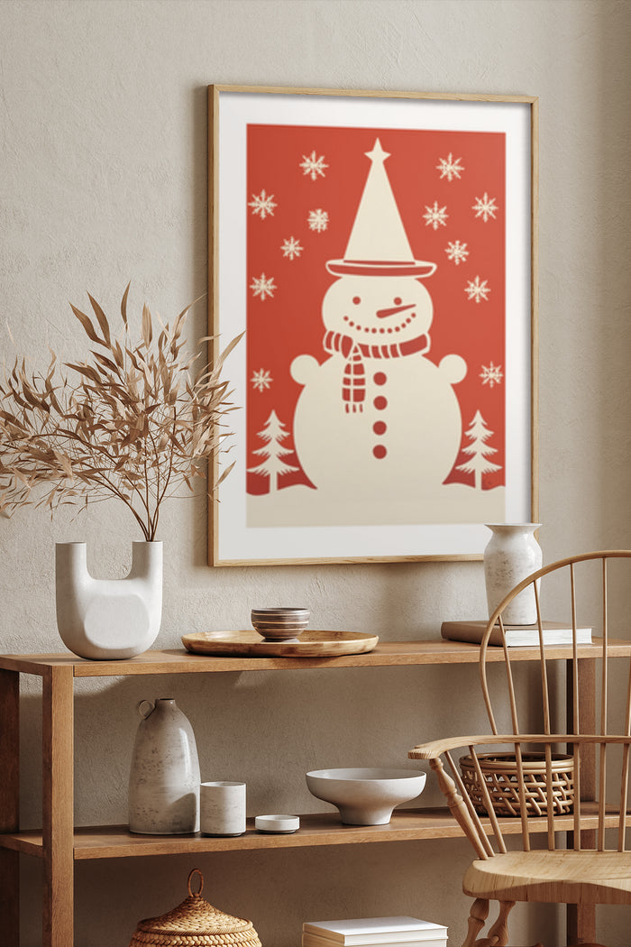 Christmastime snowman poster with festive winter decor in a stylish living room setting