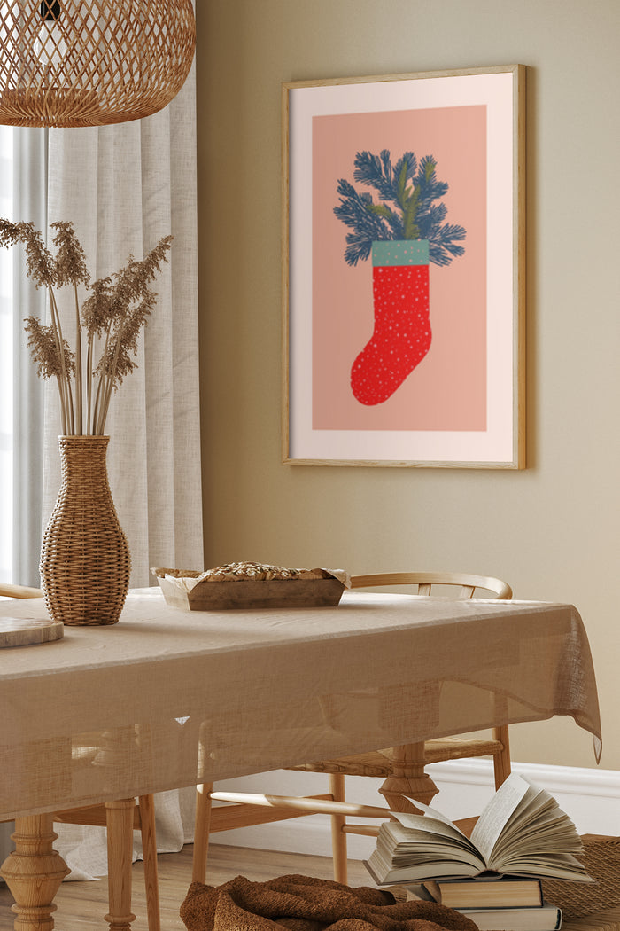 Stylish Christmas stocking filled with pine branches poster in a modern home decor setting