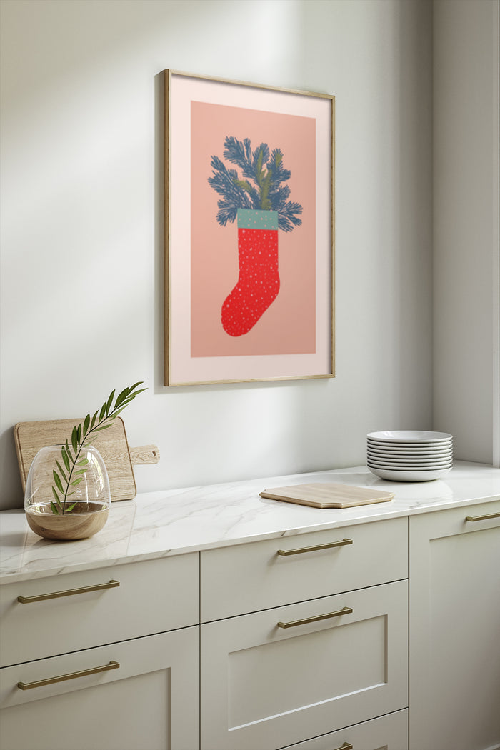 Minimalist Christmas stocking with pine branches poster framed on a kitchen wall