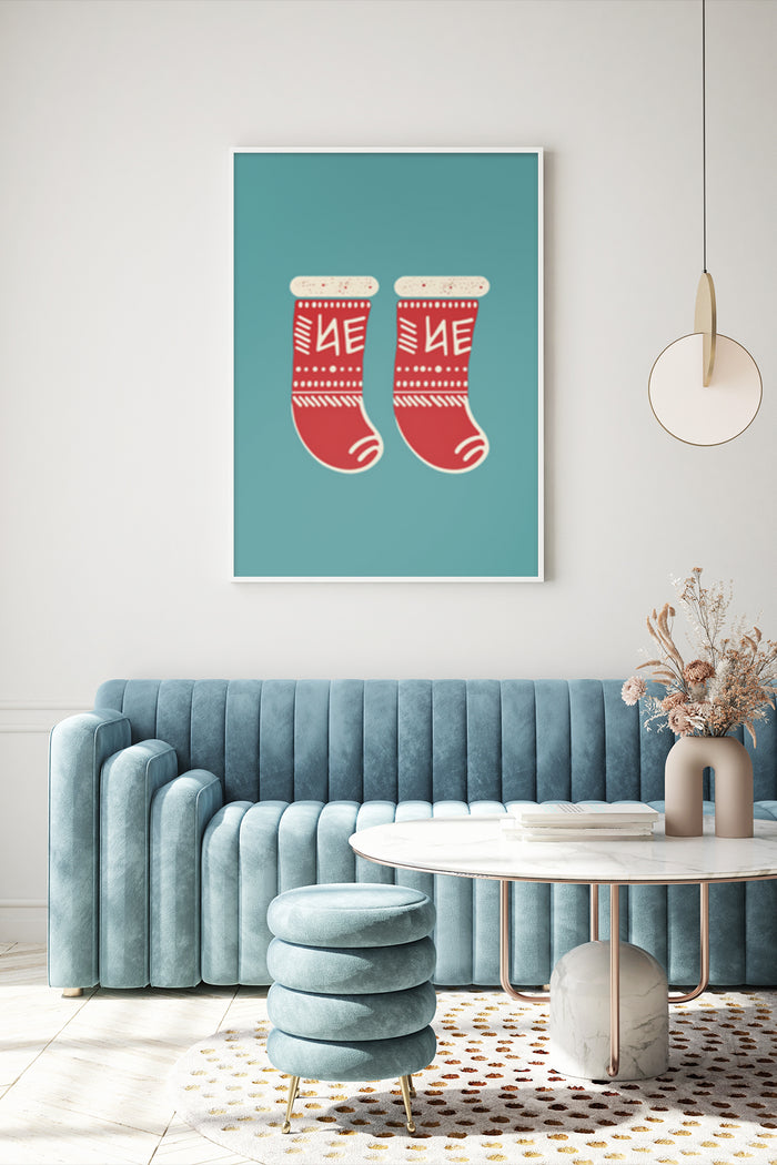 Christmas Stockings Poster Art in Stylish Living Room Interior