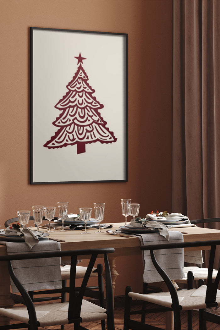 Stylish Christmas tree artwork poster displayed in a modern dining room setup