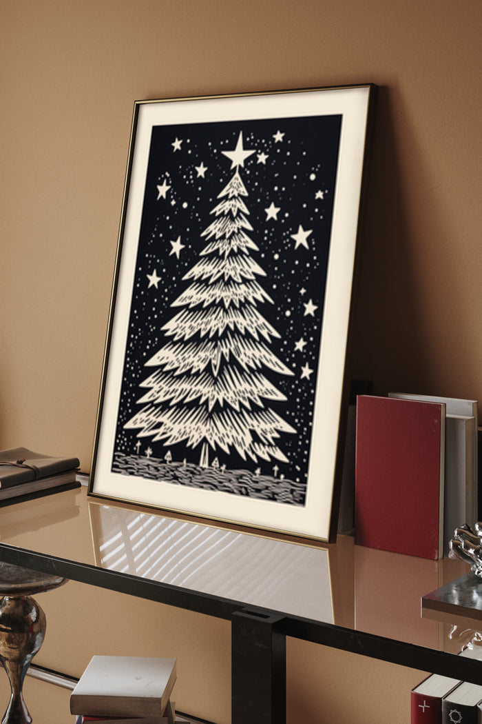 Black and white Christmas tree artwork with stars on a night background poster in room setting