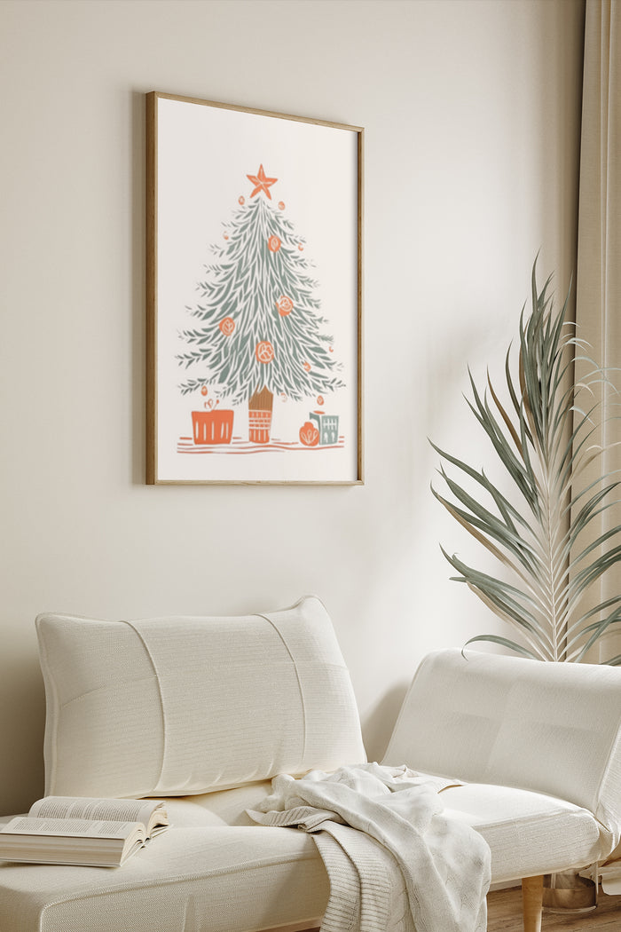 Christmas tree illustration poster with festive gifts in a modern living room setting