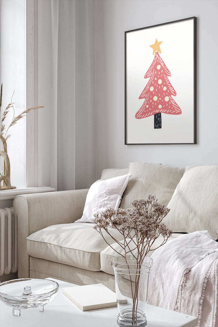Minimalist Christmas tree artwork with a golden star on top displayed in a contemporary living room setting