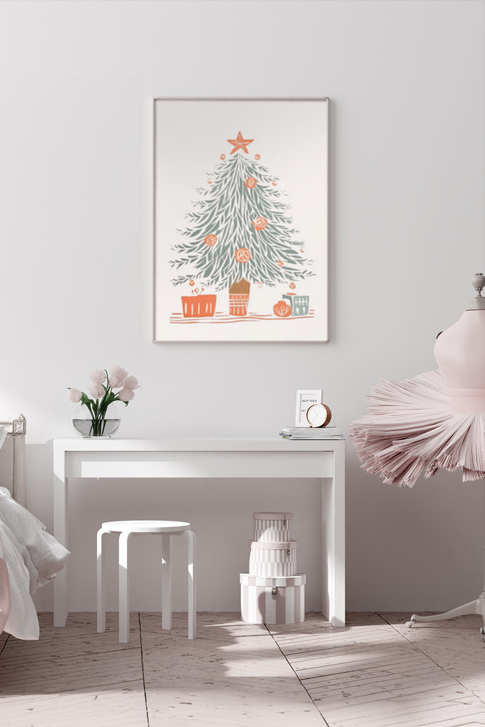 Elegant Christmas tree illustration with gifts poster hanging on a wall in a stylish bedroom interior
