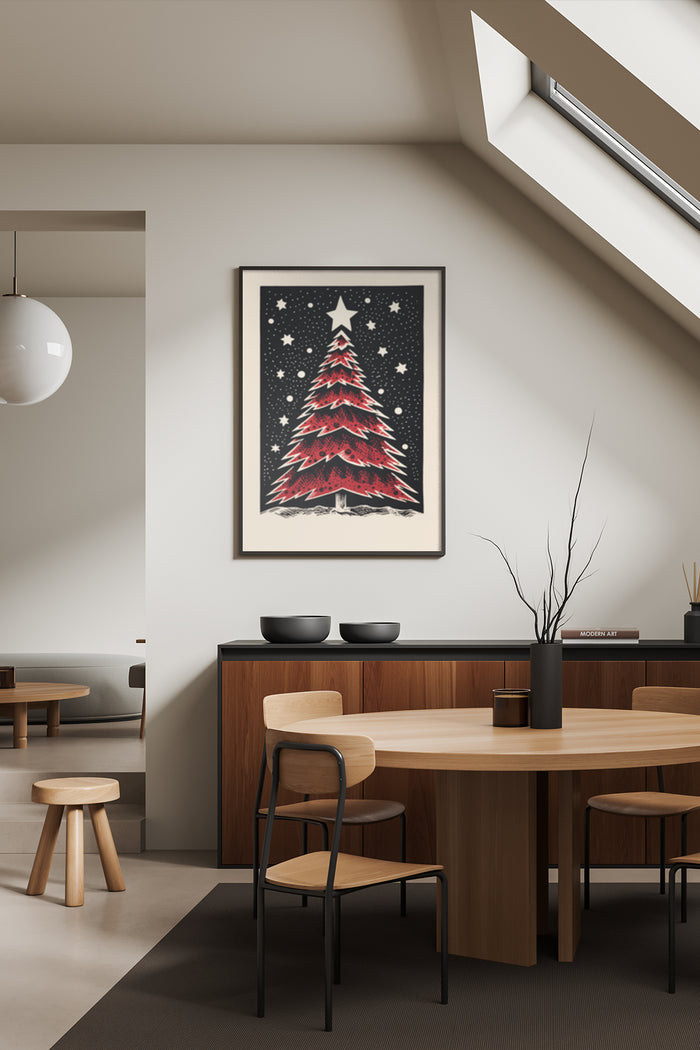 Stylized Christmas tree poster with stars on wall of contemporary dining room