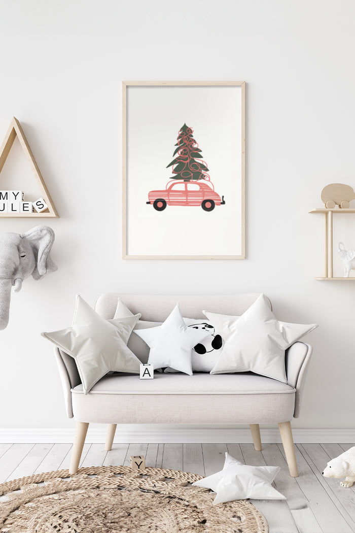 Christmas tree on top of a pink vintage car poster in a modern living room setting