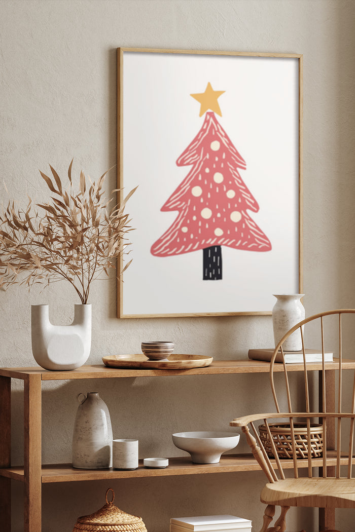 Stylized red Christmas tree with gold star poster in modern interior