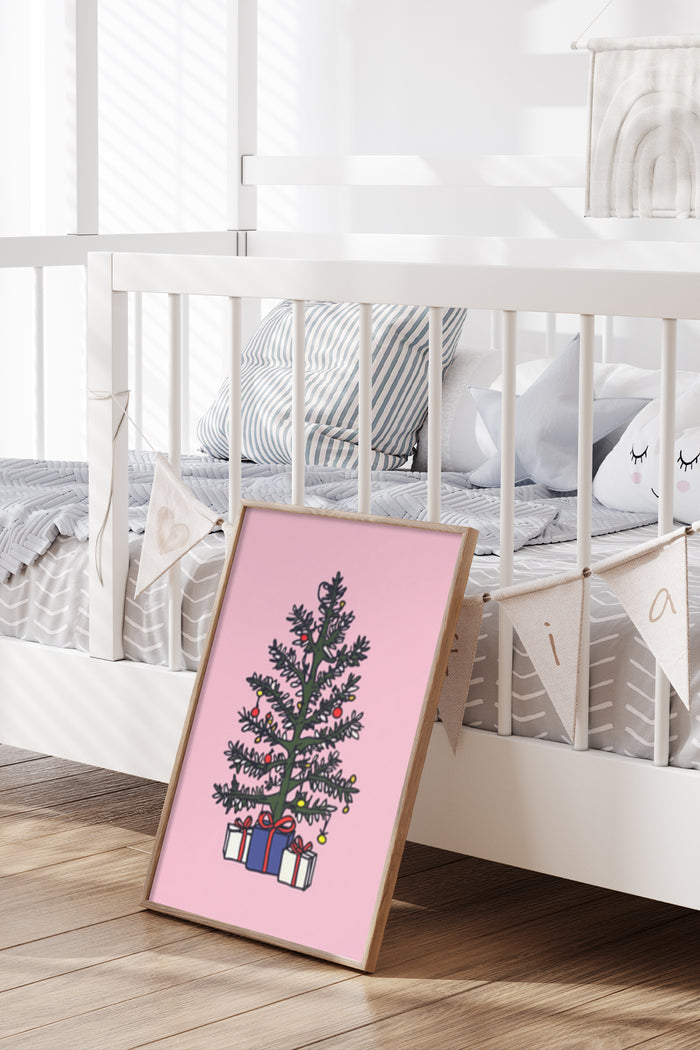 Pink poster of a Christmas tree with presents in a stylish nursery setting