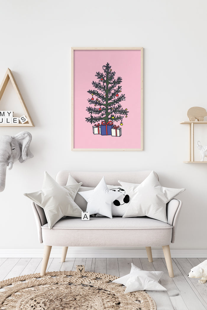Christmas tree and presents poster artwork in a stylish kids' room interior