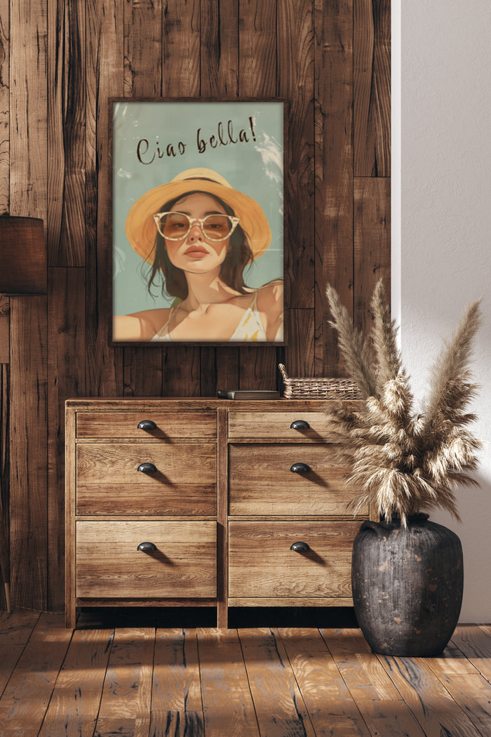 Ciao Bella poster with fashionable woman wearing sunglasses and summer hat in a chic interior setting