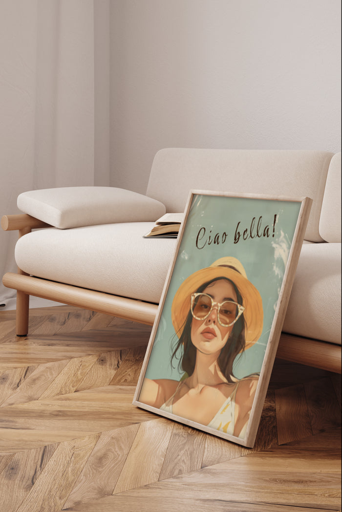 Ciao Bella illustrated poster with stylish woman wearing sunglasses and a hat leaning against couch