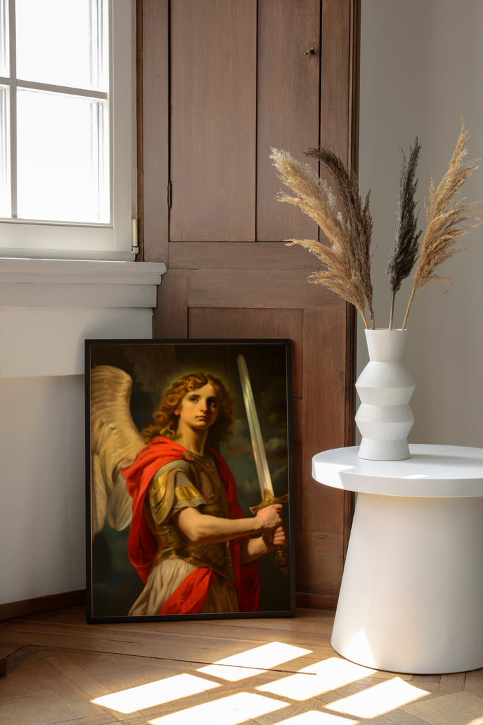Classic painting of an angel holding a sword in modern interior decor