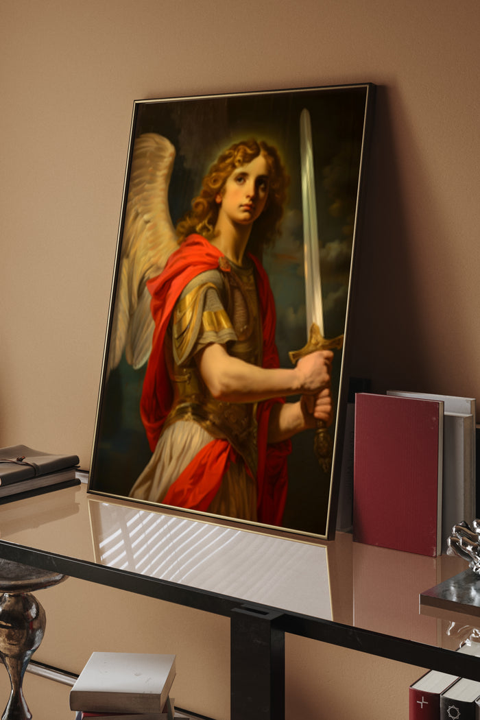 Classic angel warrior with sword painting in a modern home setting
