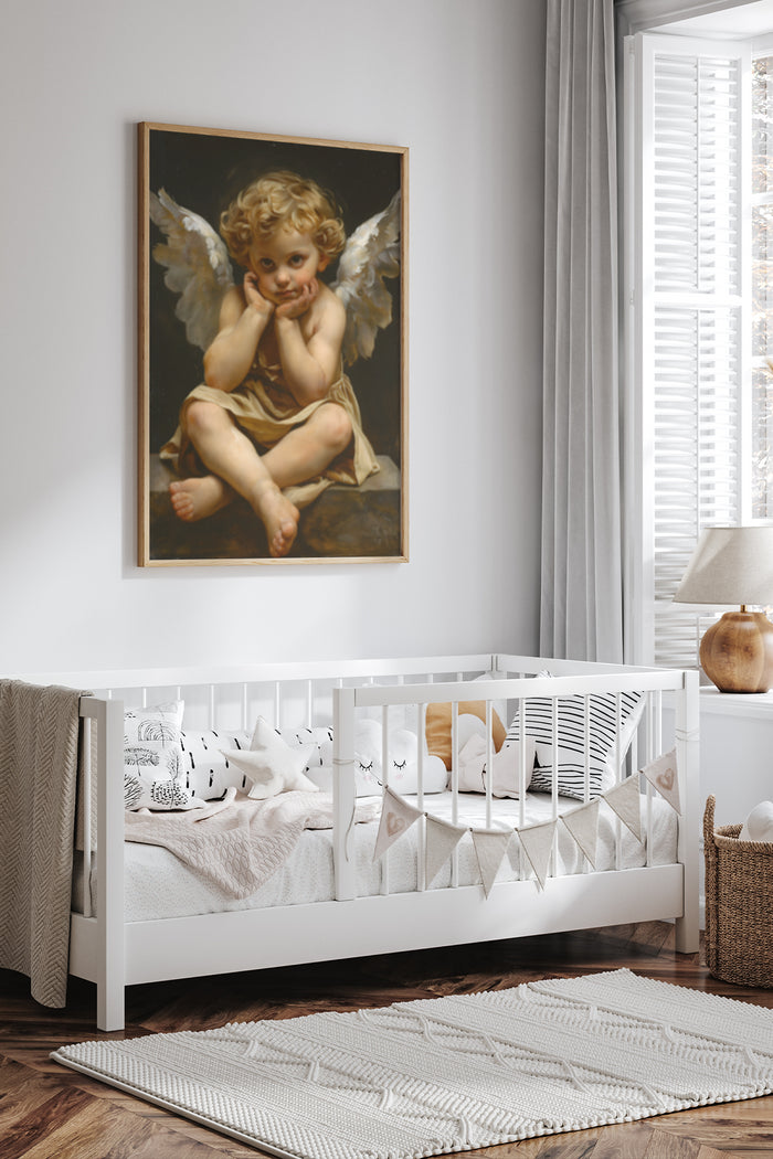 Classic angel cherub painting with golden wings in a modern nursery room interior