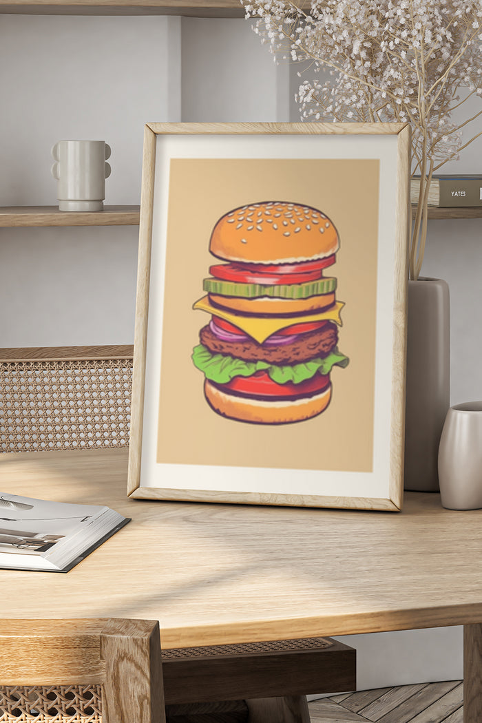 Classic Burger Artistic Poster in Wooden Frame Displayed on Home Shelf