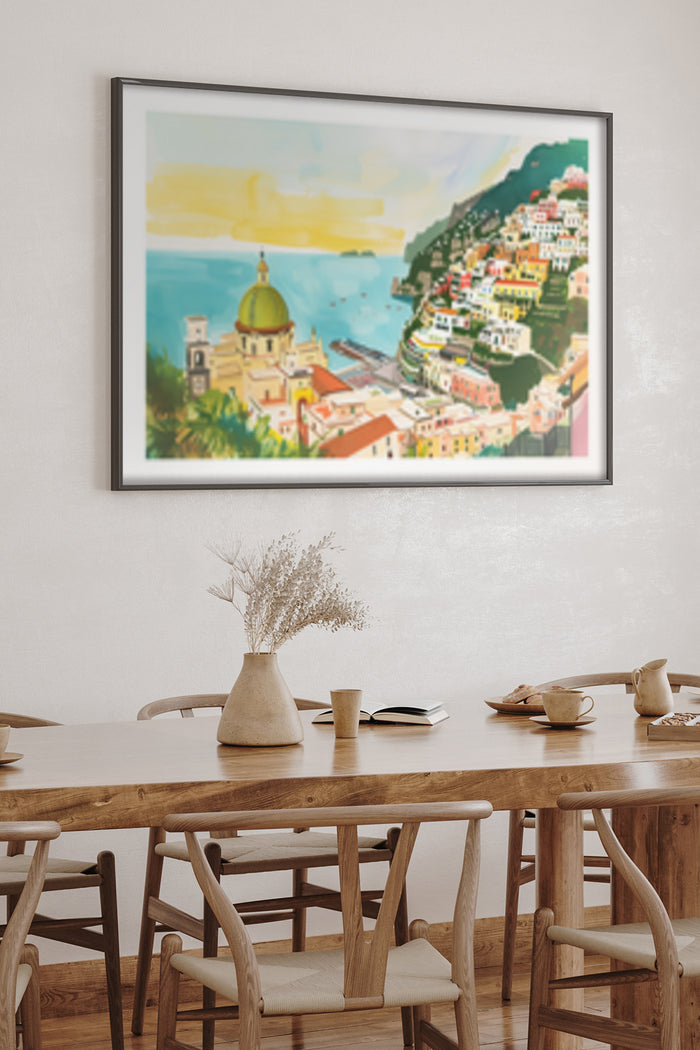 Colorful painting of a coastal Italian village displayed in a stylish dining room