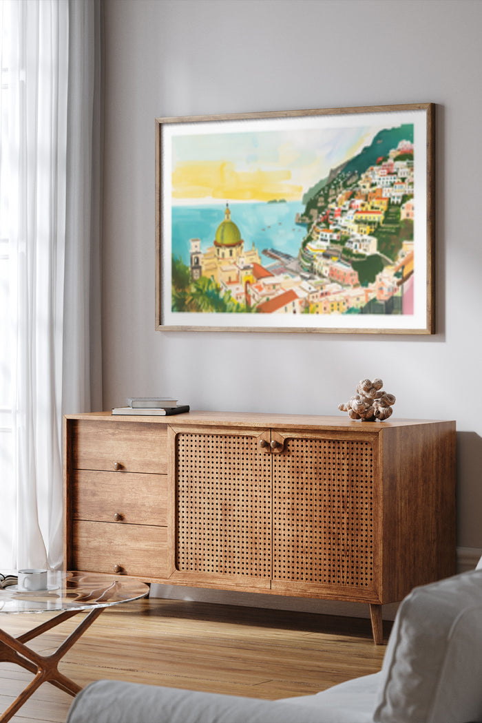 Retro style poster of a coastal Mediterranean village with colorful houses and a domed church, framed and hanging on a wall above a wooden sideboard