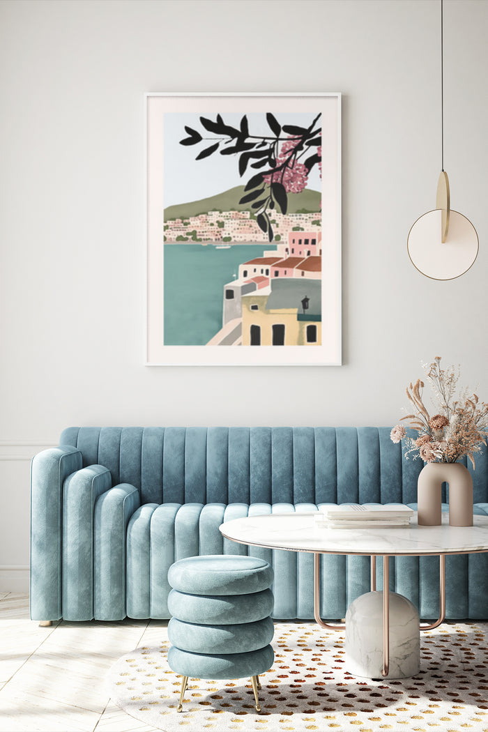 Coastal town art print poster framed in a modern living room interior decor