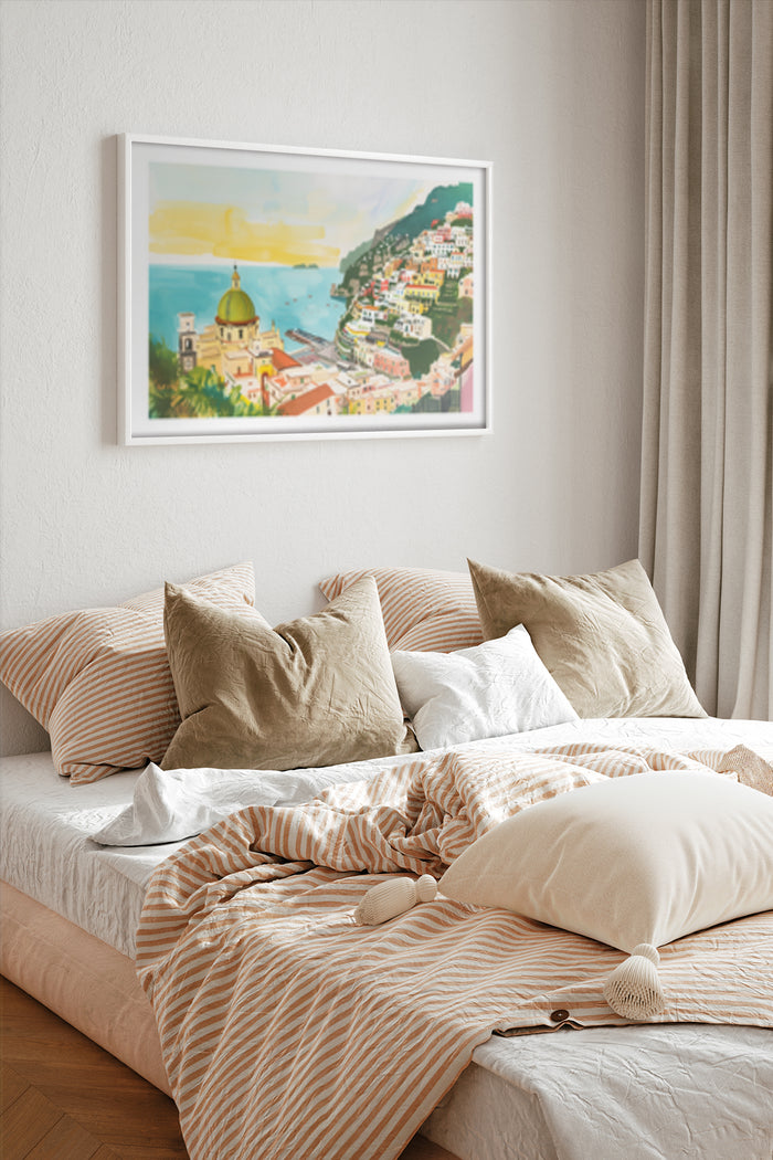 Coastal town seascape poster with vibrant colors and picturesque buildings, displayed above a bed for bedroom wall decor inspiration