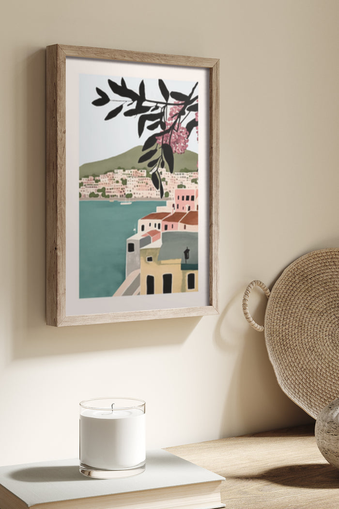 Framed poster of a stylized coastal town view with pink flowers on wall art decor