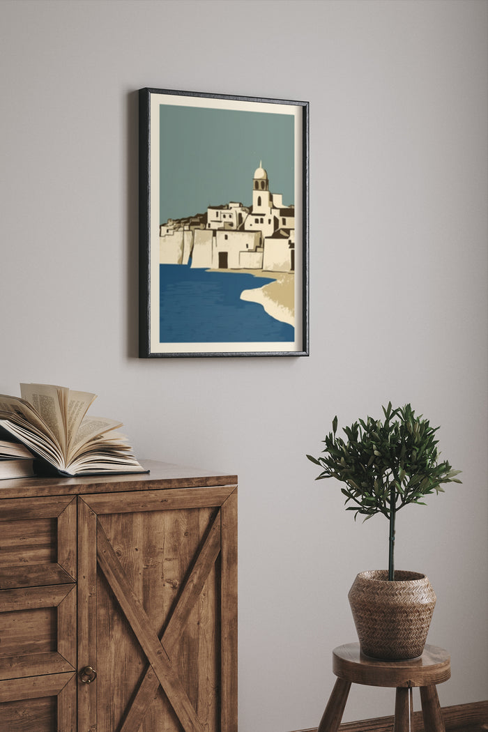 Vintage style artwork poster of a coastal town with beige and blue color palette in a modern room setting