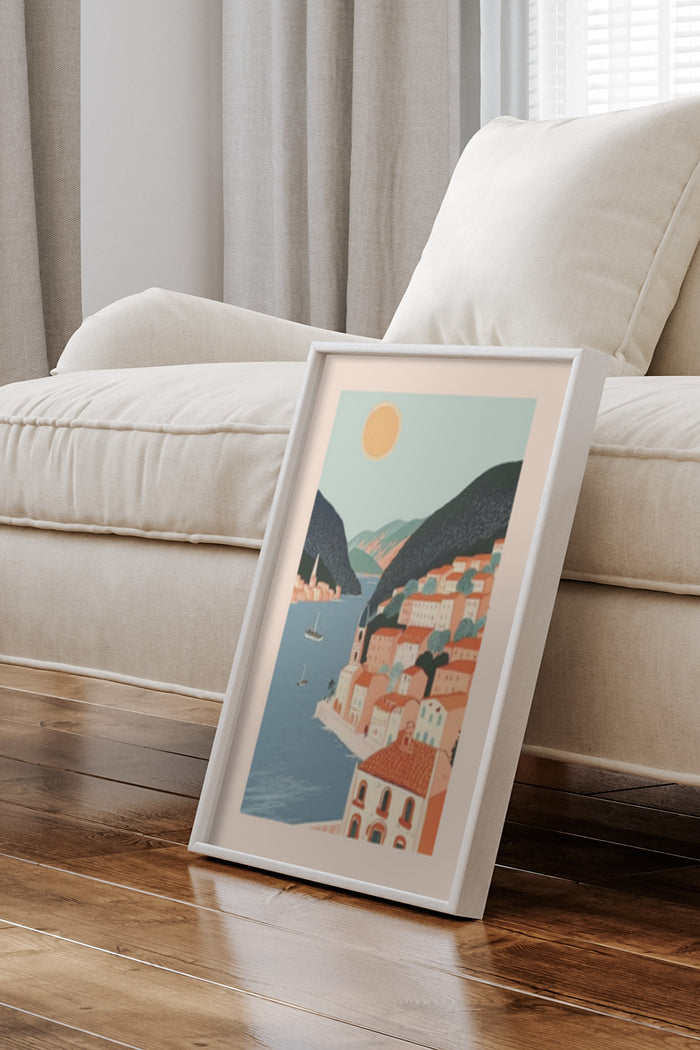 Retro style travel poster featuring a picturesque coastal Mediterranean town with terracotta rooftops and sailboats in a calm bay