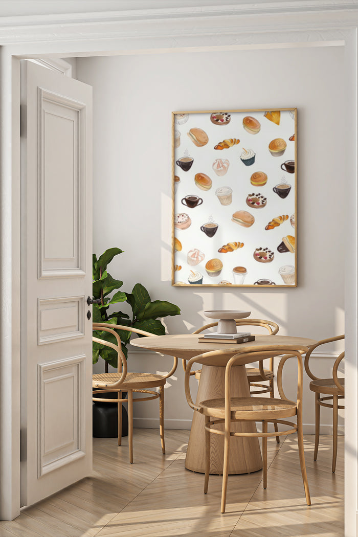 Contemporary dining room interior with a poster featuring various coffee cups and pastry illustrations