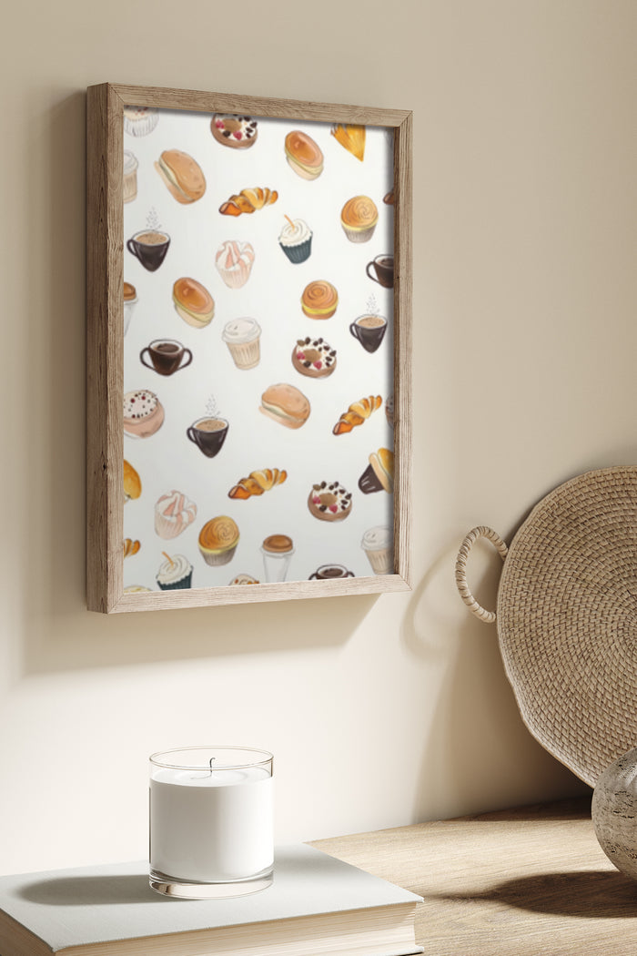 Wall art featuring assorted coffee cups and pastries illustration in wooden frame