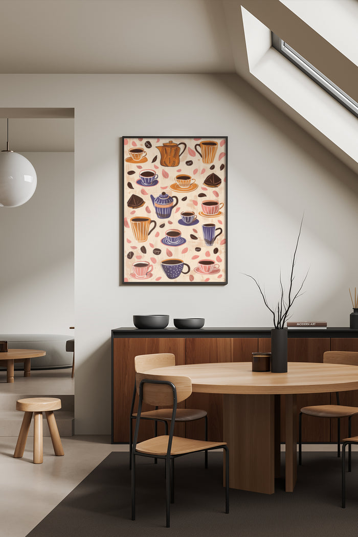 Illustrated poster with coffee cups, teapots, and pastries in stylish dining area
