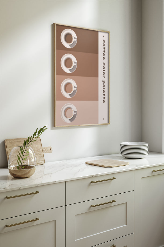 Modern kitchen with a framed coffee color palette poster on the wall