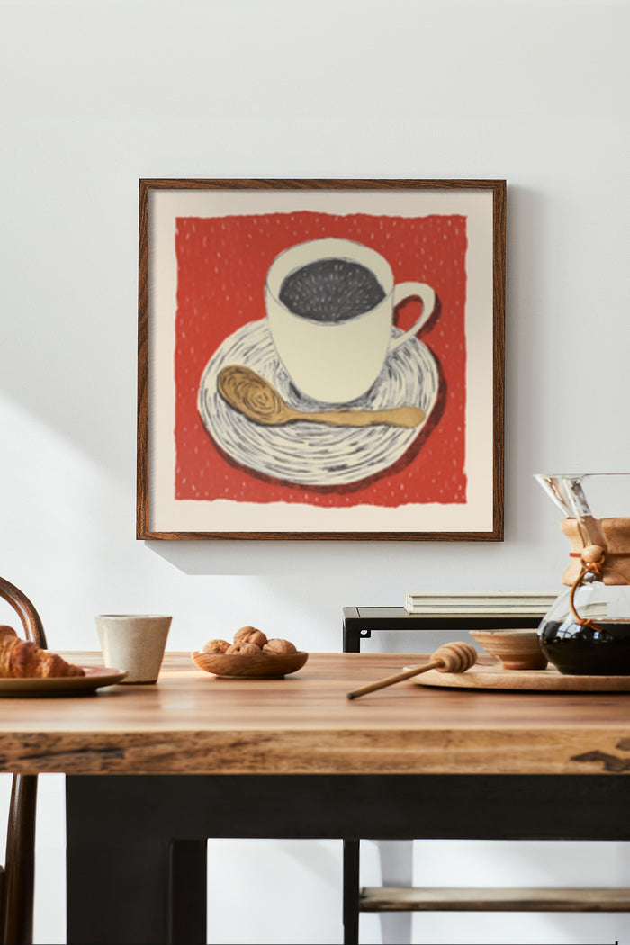 Framed artwork of a coffee cup on a saucer with a wooden spoon, on a red background, displayed in a cozy interior