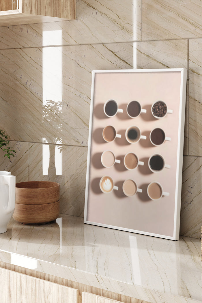 Coffee cup color spectrum poster art displayed in a modern kitchen