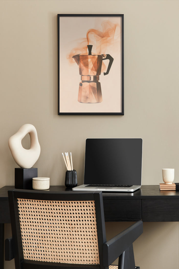 Stylish Coffee Maker Art Poster on Office Wall above Modern Workspace Design