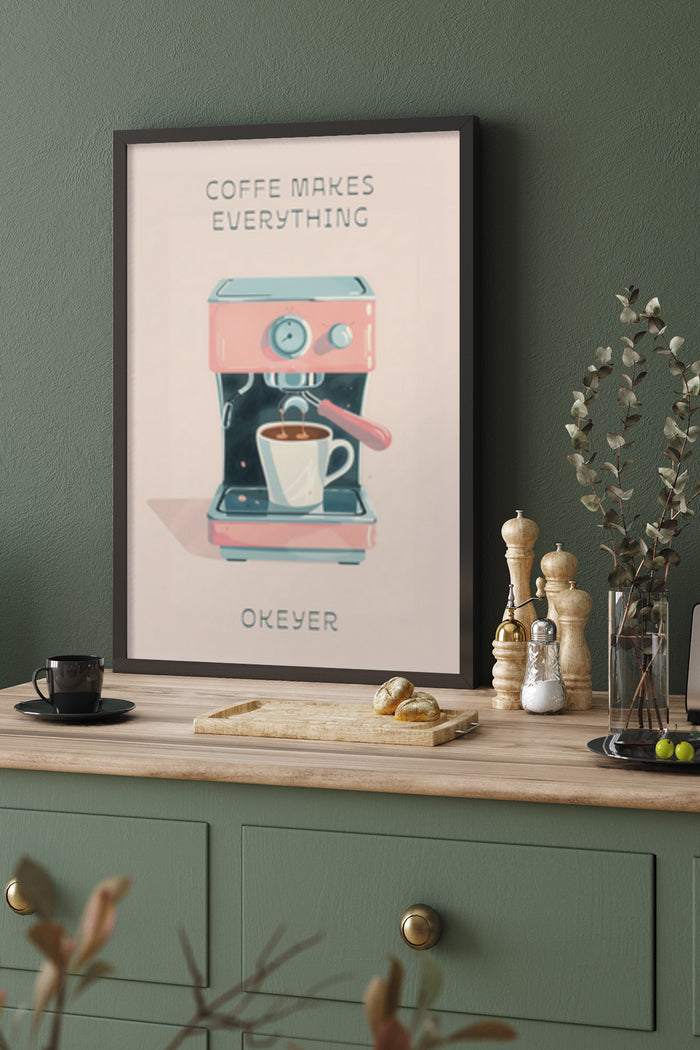 Wall art with the phrase 'Coffee Makes Everything Okayer' featuring a stylized coffee machine illustration