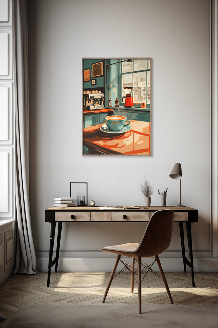 Stylish coffee shop scene artwork poster displayed in a contemporary room setting